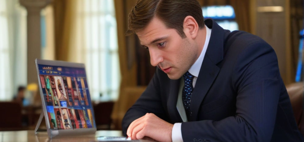 A serious-looking politician in a suit stares at his laptop screen, which displays an online slots website.