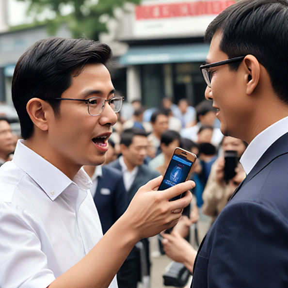 A politician speaking to a crowd of voters, hodling a smartphone displaying the Mega888client app.