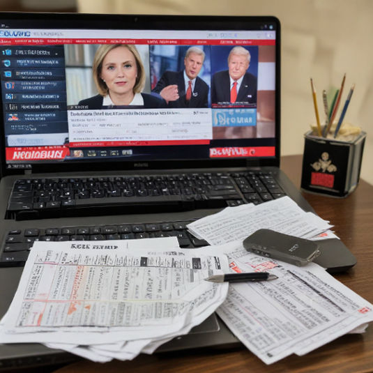A laptop on a desk displaying a political news broadcast, with betting slips beside the keyboard.