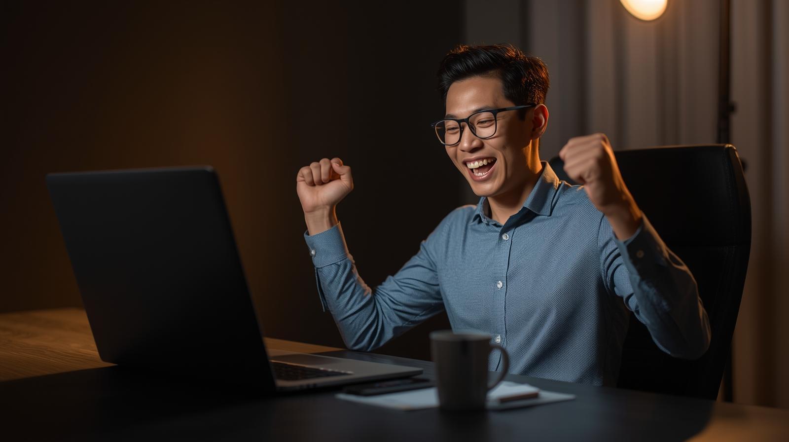 Thrilled person celebrating online betting win at laptop, blurred screen, modern workspace.