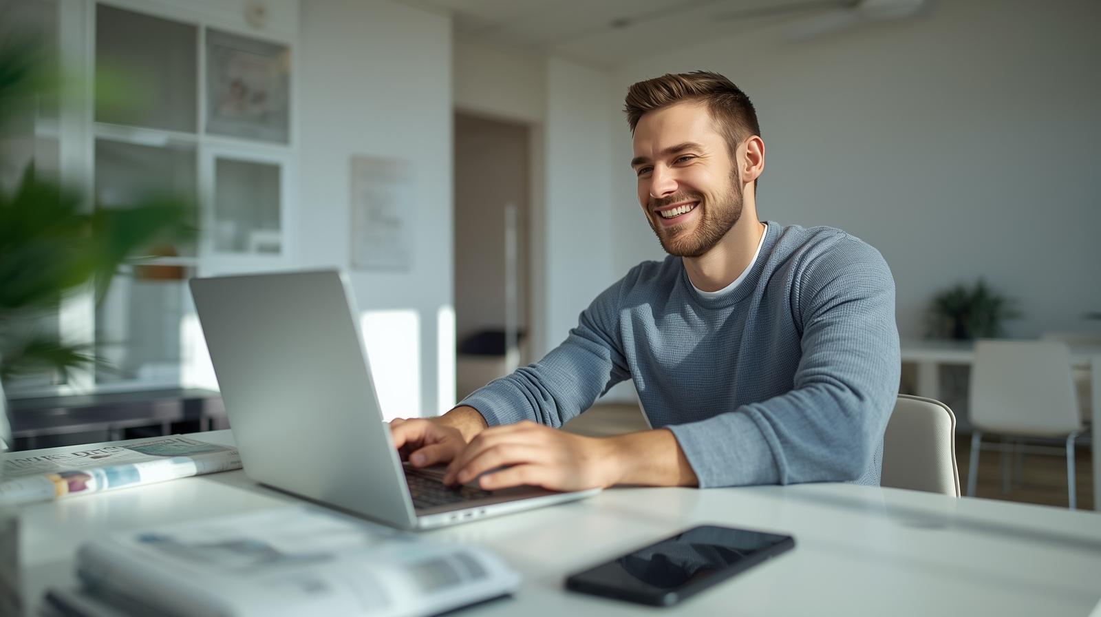 Man smiling at laptop with blurred screen in bright modern room, feeling successful.