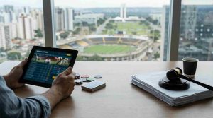 A man with a tablet showing gambling platform on the screen with piles of docs on the side