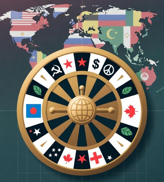 roulette wheel with political symbols and global flags