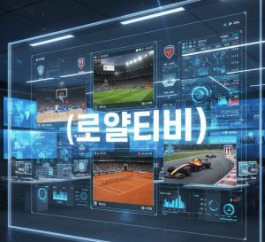 A sleek digital sports streaming interface displaying multiple international matches, overlaid with Korean text reading “로얄티비 (Royal TV),” set against a modern newsroom-style background with live data and sports visuals.