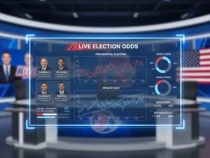 A digital interface showing political betting markets, charts with election odds, candidates on podiums, and data visualizations overlayed on a modern news-style background.