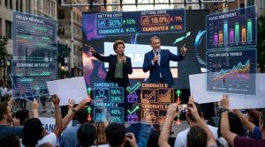 A campaign rally scene with politicians and digital betting symbols