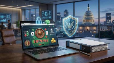 a laptop displaying a secure online gaming platform, legal documents, a digital shield icon, a government building silhouette, and data security elements